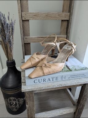 Tan Leather Knot-Front Pointed Toe Slingback Heels by Hispanitas